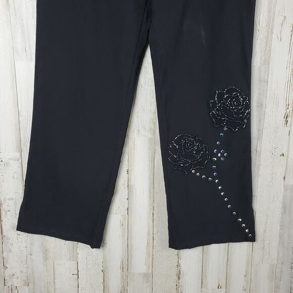 Nally & Millie Floral Rhinestone Pants Black Size Medium - Picture 5 of 7
